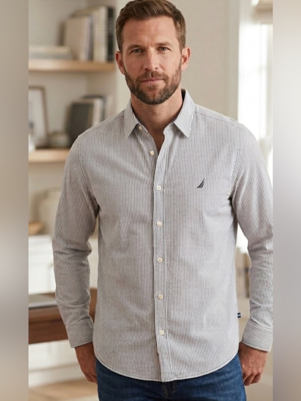 Nautica Men's Thin Striped Button-Down Shirt Classic Fit Size Large NWOT